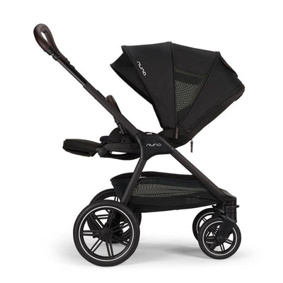 Nuna Triv Lx Single Stroller in Caviar color, featuring a folding design, adjustable canopy, and spacious storage basket.