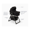 Nuna Triv LX Stroller with Triv Bassinet and Stand Bundle in Caviar, showcasing features like ventilation panels and a large storage basket.