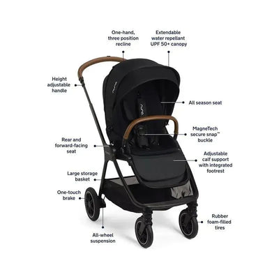 Nuna TRIV™ next stroller in Caviar/Cognac with features like a magnetic buckle, adjustable handle, and all-wheel suspension.