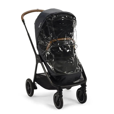 Nuna TRIV™ Series Rain Cover, a transparent protective cover for a stroller with a black frame and brown handle.