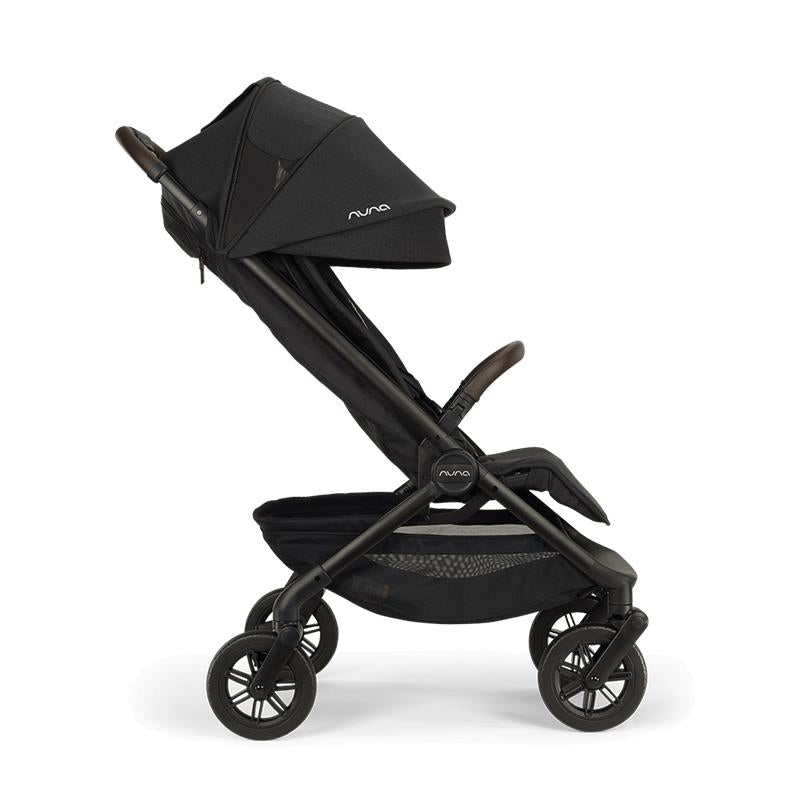 Nuna Trvl 360 Compact Stroller in Caviar color, features a sleek design with a tall canopy and brown handlebar.