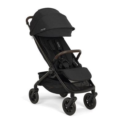 Nuna Trvl 360 Compact Stroller in Caviar color, featuring a black fabric seat and a brown handlebar, designed for easy transport.