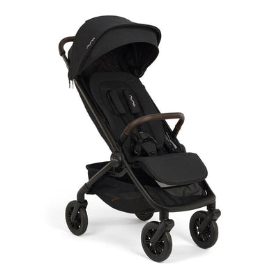 Nuna Trvl 360 Compact Stroller in Caviar color features a sleek design, adjustable canopy, and padded seat for comfort.