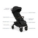 Nuna Trvl 360 Compact Stroller in Caviar, featuring a tall seatback, easy fold, all-wheel suspension, and 22 lb basket capacity.