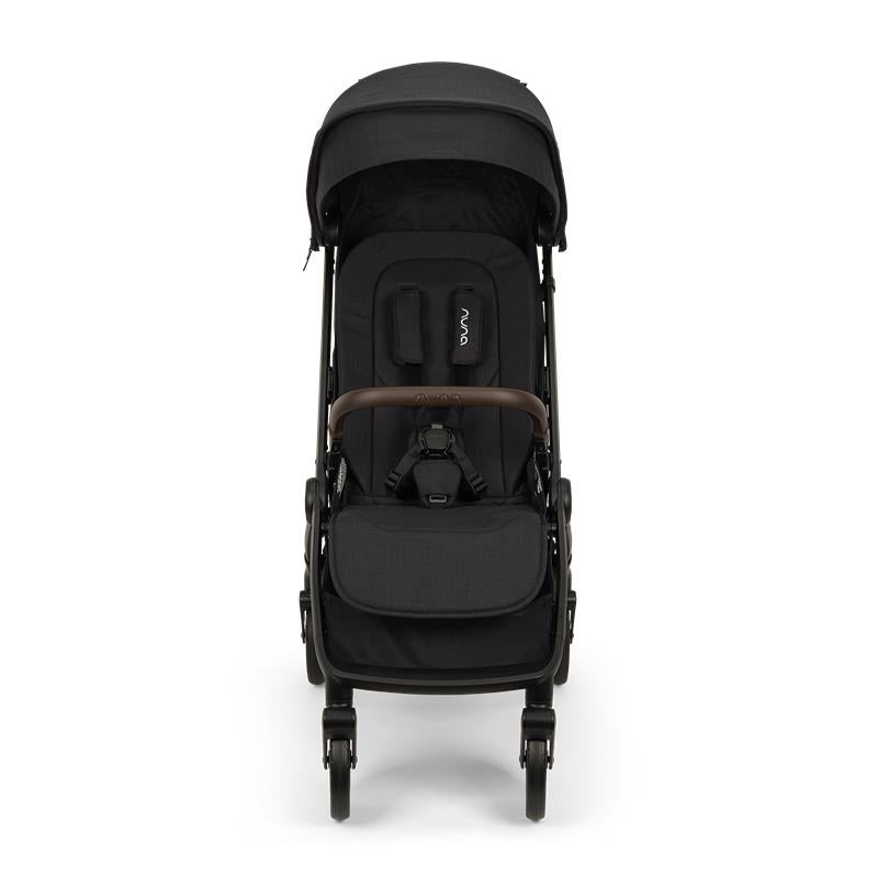 Nuna Trvl 360 compact stroller in Caviar color, featuring a padded seat, adjustable canopy, and a brown handlebar.