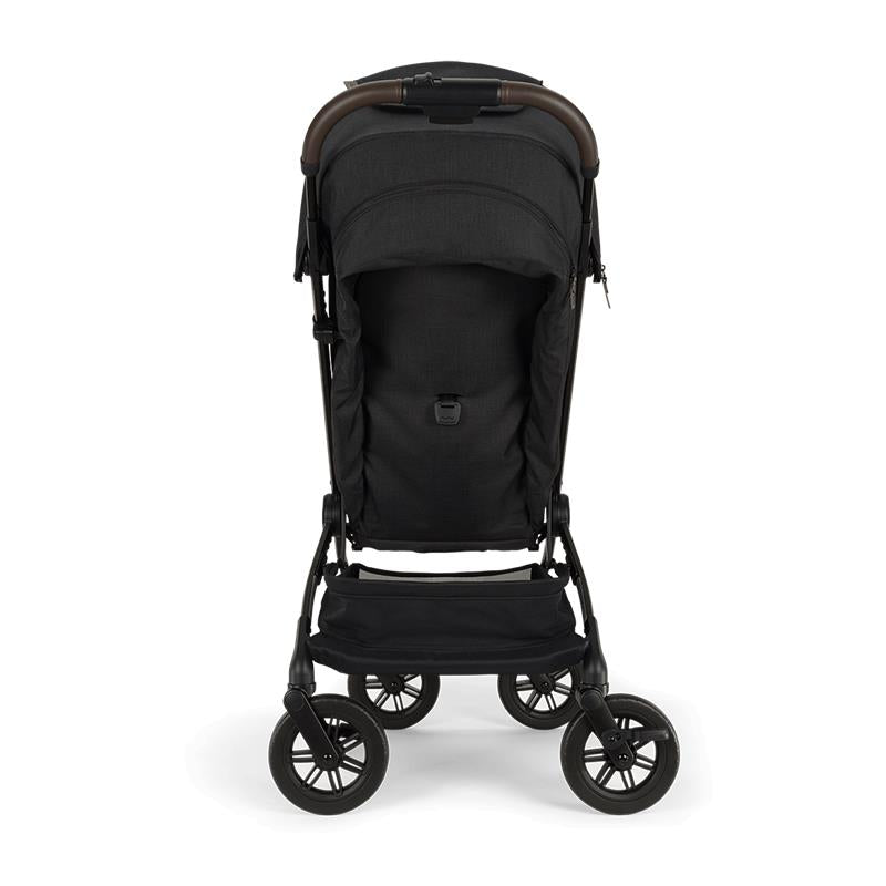 Nuna Trvl 360 Compact Stroller in Caviar color, featuring a padded seat, adjustable canopy, and a sturdy frame.
