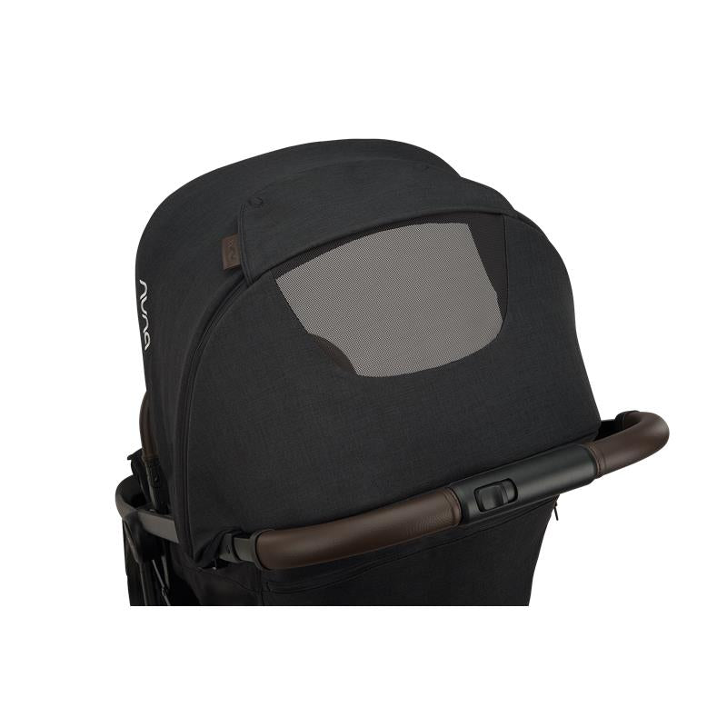 Nuna Trvl 360 Compact Stroller in Caviar color, featuring a stylish canopies with a mesh panel for ventilation.