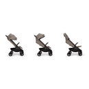 Nuna Trvl 360 Compact Stroller in Cedar position, showcasing its sleek design and adjustable canopy from three angles.