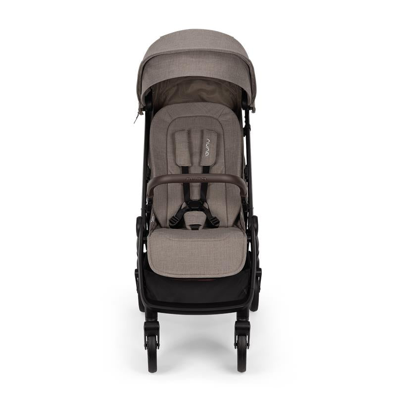 Nuna Trvl 360 Compact Stroller in Cedar, featuring a gray seat with a harness and a foldable canopy.