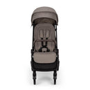 Nuna Trvl 360 Compact Stroller in Cedar, featuring a gray seat with a harness and a foldable canopy.