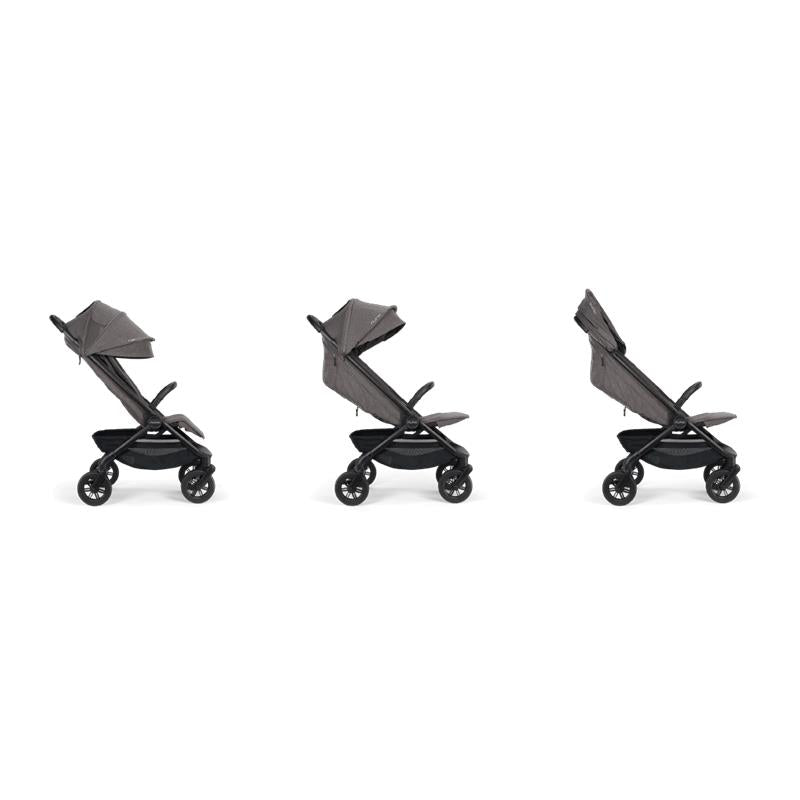 Nuna Trvl 360 Compact Stroller in Pewter, shown in three angle views displaying its adjustable seat and sleek design.