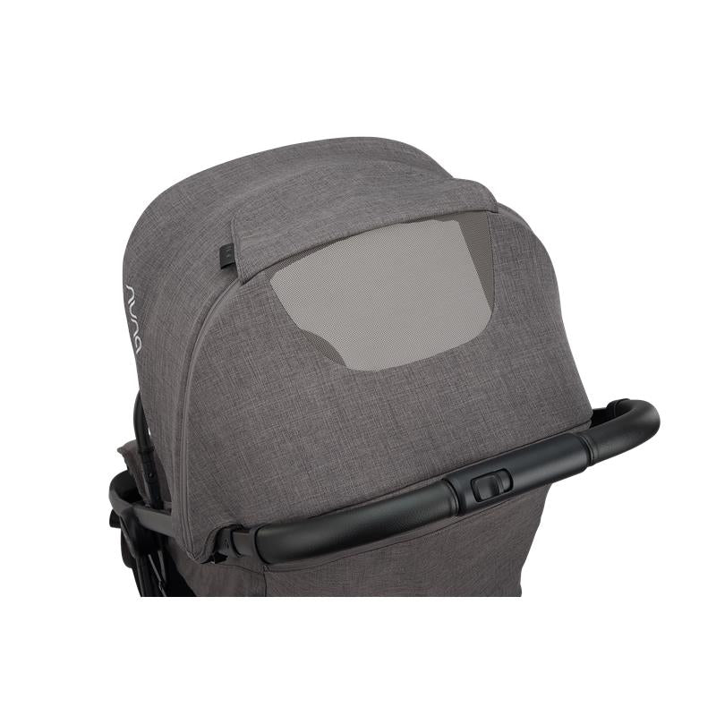 Nuna Trvl 360 Compact Stroller in pewter color with a large canopy and a mesh peek-a-boo window.