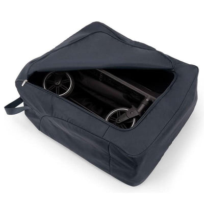 Nuna TRVL™ dubl Transport Bag in Indigo with a zippered opening, showing a folded stroller inside.