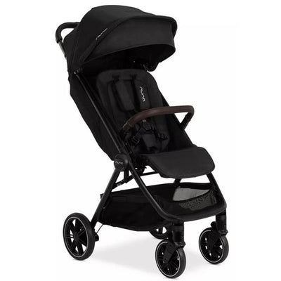Nuna TRVL LX Compact Stroller in Caviar/Chocolate with a black canopy, padded seat, and four wheels.