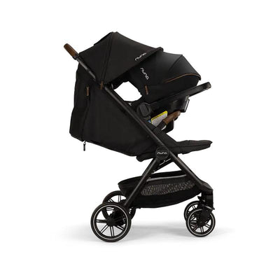 Nuna TRVL LX stroller with PIPA urbn infant car seat, both in black and chocolate, featuring a folding design and large wheels.