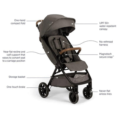 Nuna TRVL™ lx stroller in granite color with features labeled, including a water-repellent canopy and airless tires.