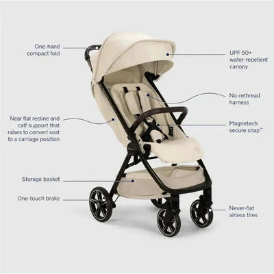 Nuna x BMW TRVL™ lx stroller in Mica color, featuring a water-repellent canopy, compact fold, and secure harness system.