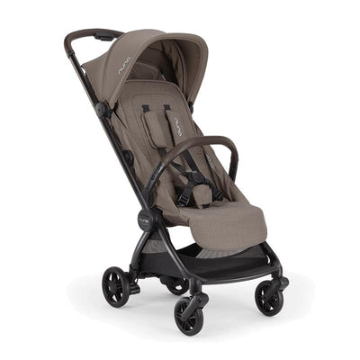 Ultra-compact Nuna VIAA™ cabn stroller in Cedar color, featuring a padded seat, adjustable canopy, and harness.