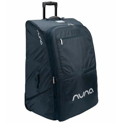 Wheeled travel bag in indigo, featuring a sturdy handle, zippered compartments, and the Nuna logo prominently displayed.