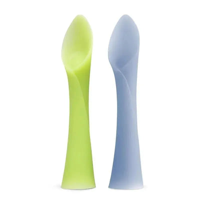 100% silicone soft-tip training spoons in kiwi green and blueberry blue, designed for baby led weaning.