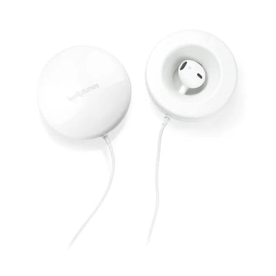 Bellytunes prenatal earbuds adapter system in white for iOS and Samsung devices, featuring a round design and connected wire.