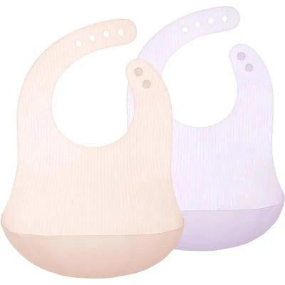 Coral and lilac silicone baby bibs with waterproof design, featuring a pouch for catching food crumbs.