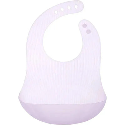 Lilac silicone baby bib with a waterproof design and a pocket for catching spills, featuring multiple snap holes for size adjustment.