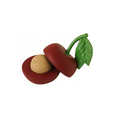 Cherry-shaped stacking toy and rattle ball by Oli & Carol, featuring a green leaf and beige interior ball.