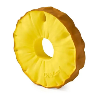 Chewable toy in the shape of a pineapple, featuring a bright yellow color and textured surface, ideal for infants.