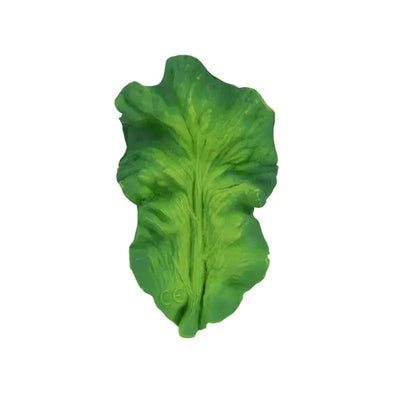 Chewable toy shaped like kale, in vibrant green, designed for infants to chew and play safely.