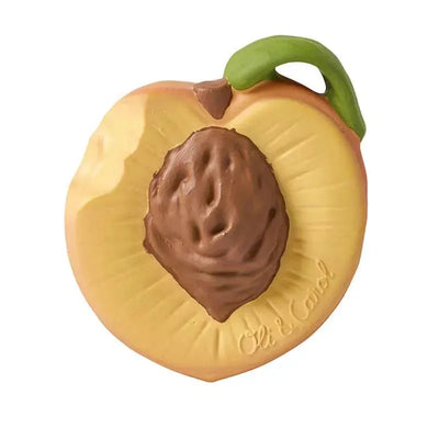 Chewable palm peach toy by Oli & Carol, designed with vibrant colors and a textured pit for sensory play.
