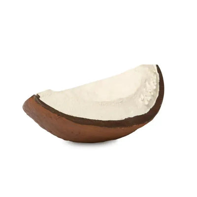 Chewable toy resembling a coconut half, featuring a brown outer shell and a white inner texture, designed for infants.