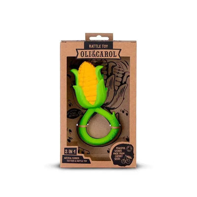 Corn-shaped rattle toy by Oli & Carol, made from natural rubber, in a colorful green and yellow design.