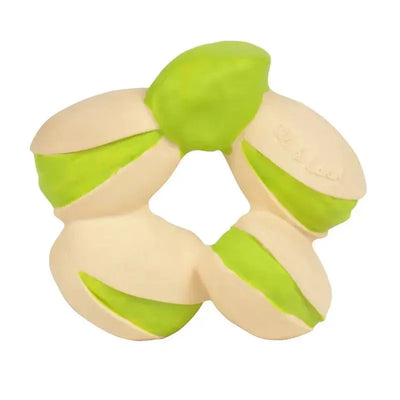 Soft rubber teether shaped like a pistachio, featuring a light beige and green color scheme, designed for infants.