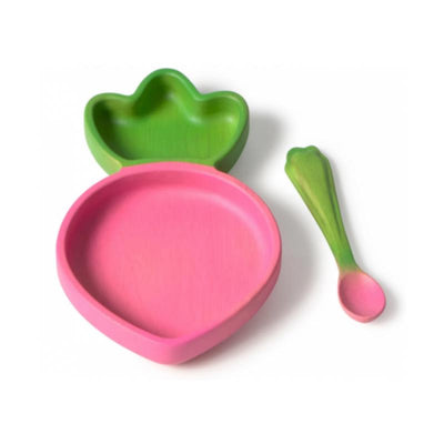 Colorful Ramona The Radish plate in pink with a green radish-shaped section and a matching green spoon.