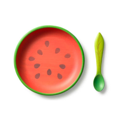 Wally The Watermelon Plate & Spoon Set featuring a round red plate with green trim and black seeds, accompanied by a green spoon.