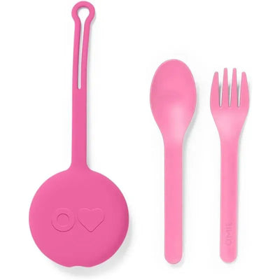 Reusable plastic fork and spoon set in bubble pink, includes a matching silicone holder.