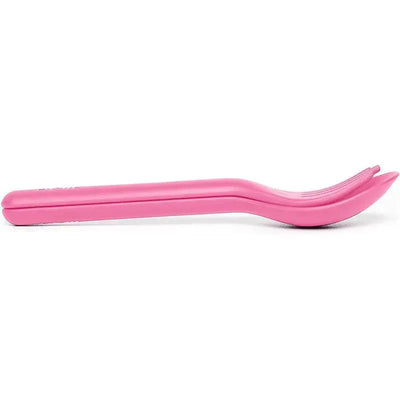 Pink reusable fork and spoon set from OmieBox, featuring a curved design for easy handling.