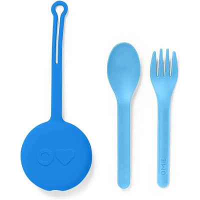 Capri blue reusable fork and spoon set with a matching storage pod, designed for kids by Omie.