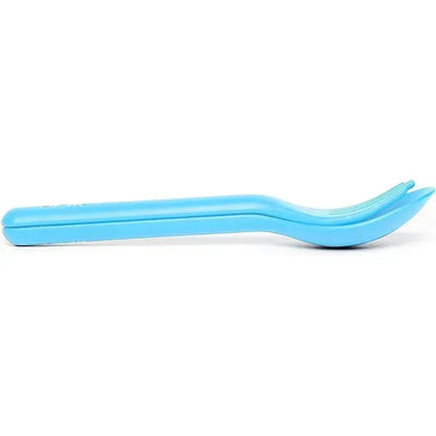 Reusable blue fork and spoon set designed for kids, featuring a sleek design and easy-to-hold shapes.