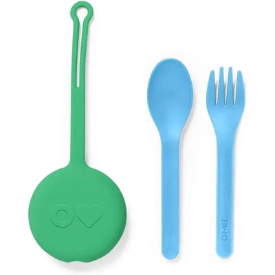 Reusable mint green fork and spoon set for kids, with a matching round pod for storage.
