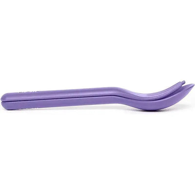 Reusable purple fork and spoon set for kids, featuring an easy-to-hold design and compact storage pod.