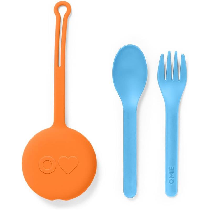 OmieBox - 2Pk Plastic Reusable Fork & Spoon Silverware with Pod for Kids, Sunrise Image 1