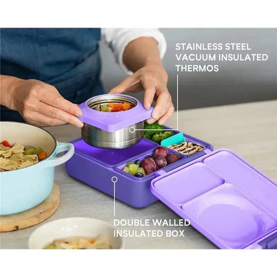 OmieBox in teal and purple plum, featuring a stainless steel insulated thermos and a double-walled box with compartments for food.