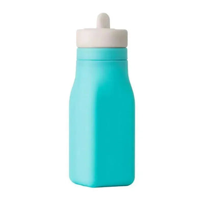Leak-proof teal silicone water bottle with a white screw-on lid, designed for convenient hydration.