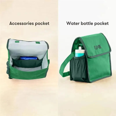 Green Omie Insulated Nylon Lunch Tote, featuring an accessories pocket and a water bottle pocket.