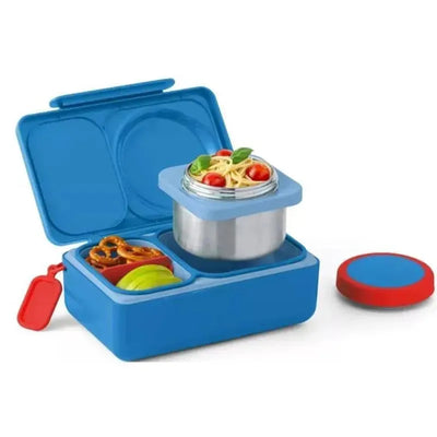Cosmic Blue OmieBox Bento Box with a stainless steel container filled with pasta and tomatoes, and compartments for snacks.
