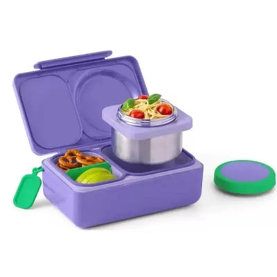 Bento box in galaxy purple with a compartment for pasta, pretzels, and fruit, featuring a removable insulated container.