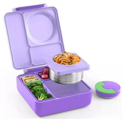 Insulated lilac purple bento lunch box open, displaying a container with pasta, broccoli, snacks, and a small lid on the side.