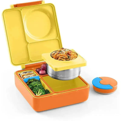 OmieBox insulated bento box in sunshine color, featuring a thermos jar with pasta and compartments for vegetables and fruits.